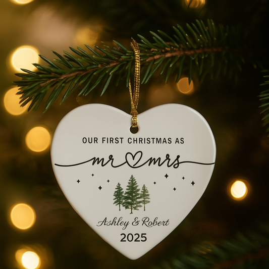 Our First Christmas as Mr & Mrs - Personalized Heart Ornament | Custom Newlywed Keepsake Gift